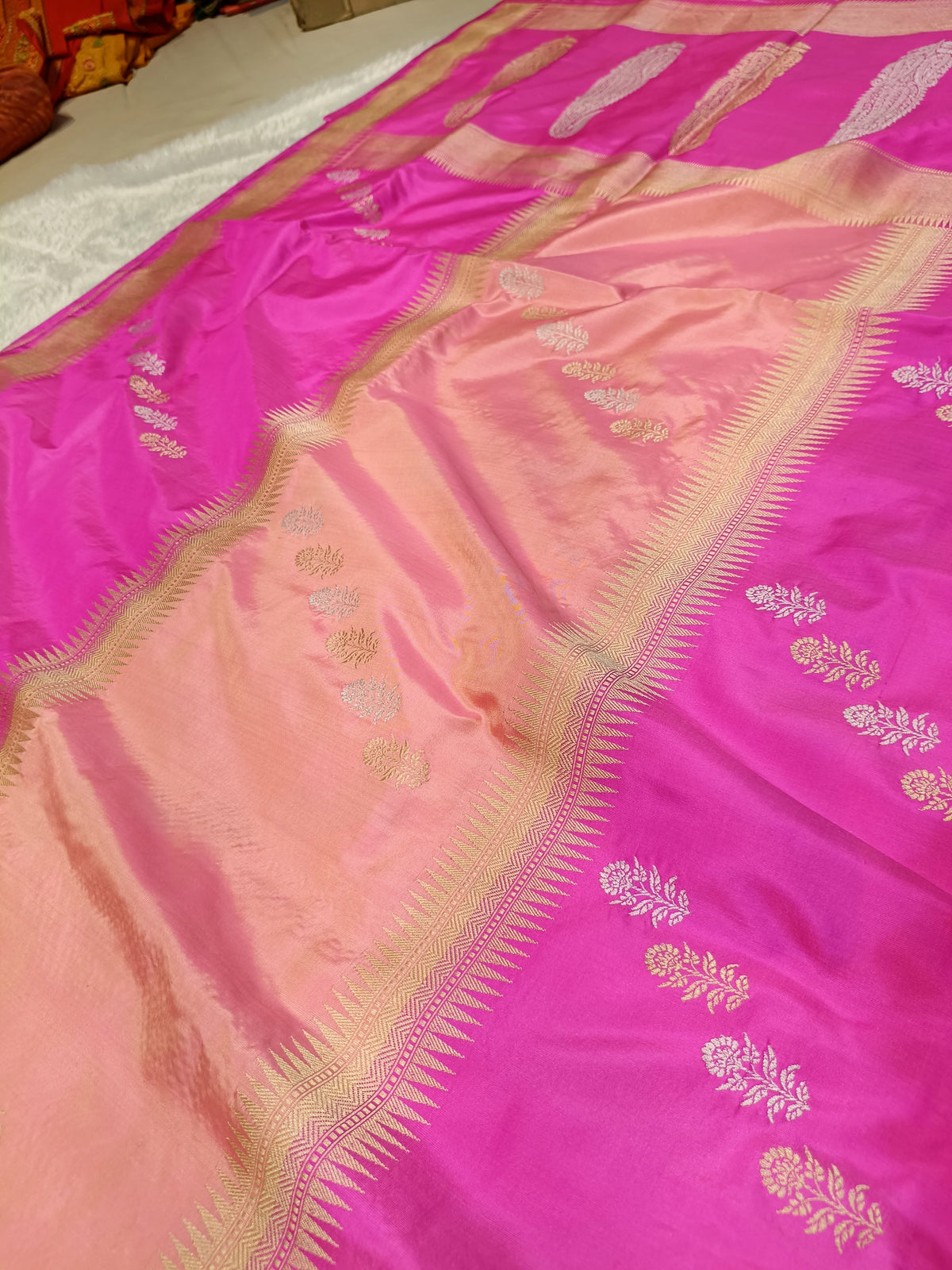 Rani Pink With Peach High Percentage Zari Weaving Handwoven Kataan Silk Saree