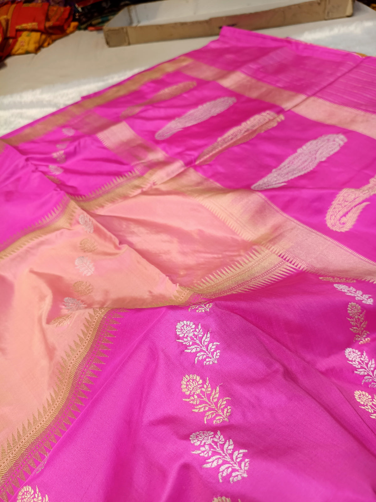 Rani Pink With Peach High Percentage Zari Weaving Handwoven Kataan Silk Saree