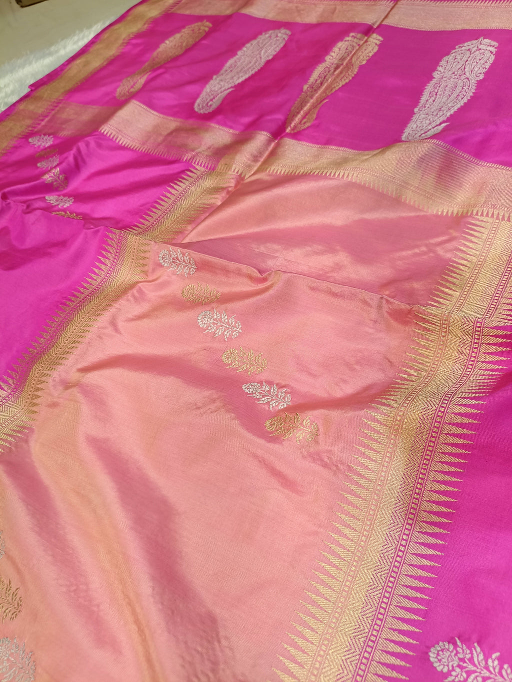 Rani Pink With Peach High Percentage Zari Weaving Handwoven Kataan Silk Saree