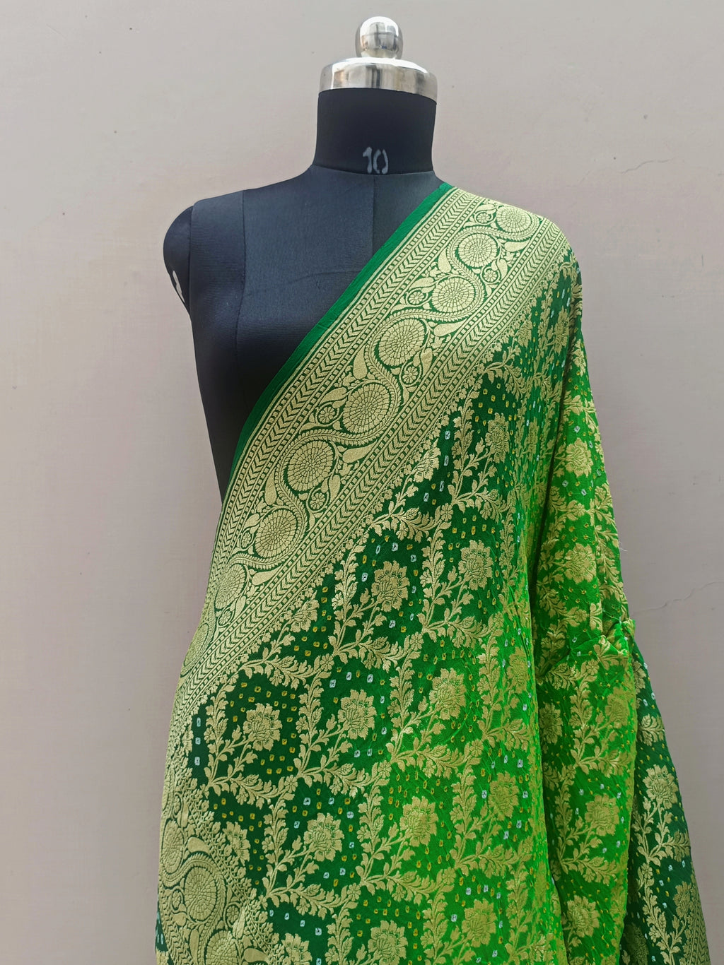 Green Shade Handwoven Khaddi Chiffon Rai Dana Bandhani Dupatta