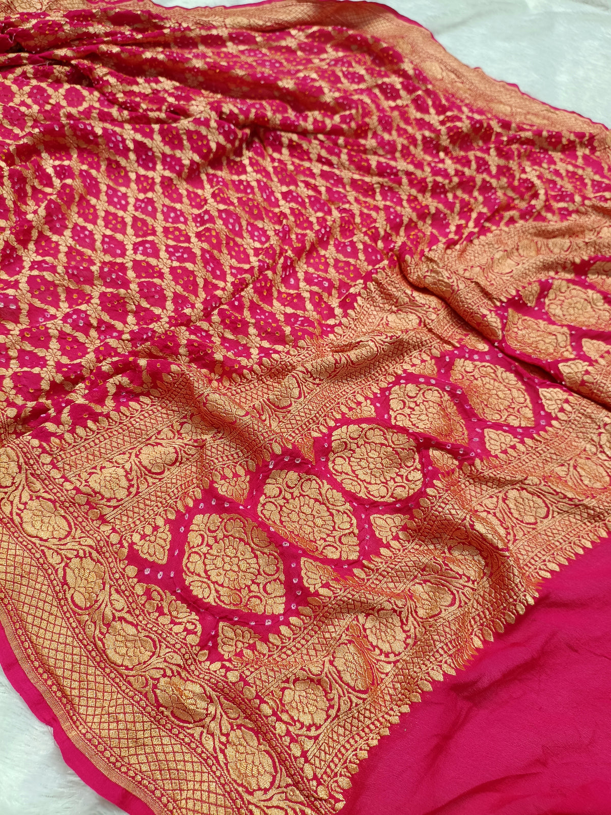 Rani Pink Shade Handwoven Khaddi Chiffon Rai Dana Bandhani Dupatta