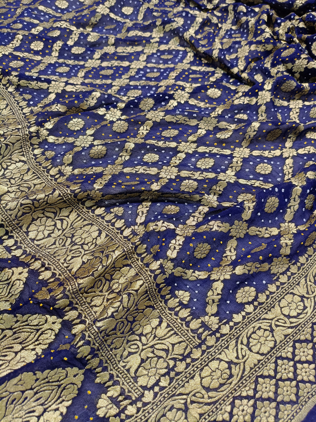 Deep Blue Shade Handwoven Khaddi Chiffon Rai Dana Bandhani Dupatta