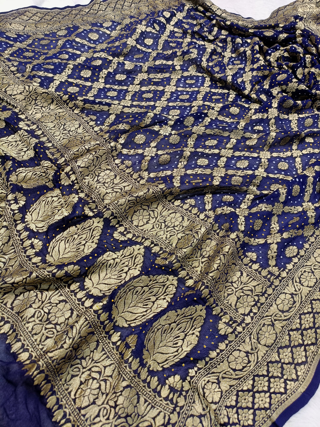 Deep Blue Shade Handwoven Khaddi Chiffon Rai Dana Bandhani Dupatta