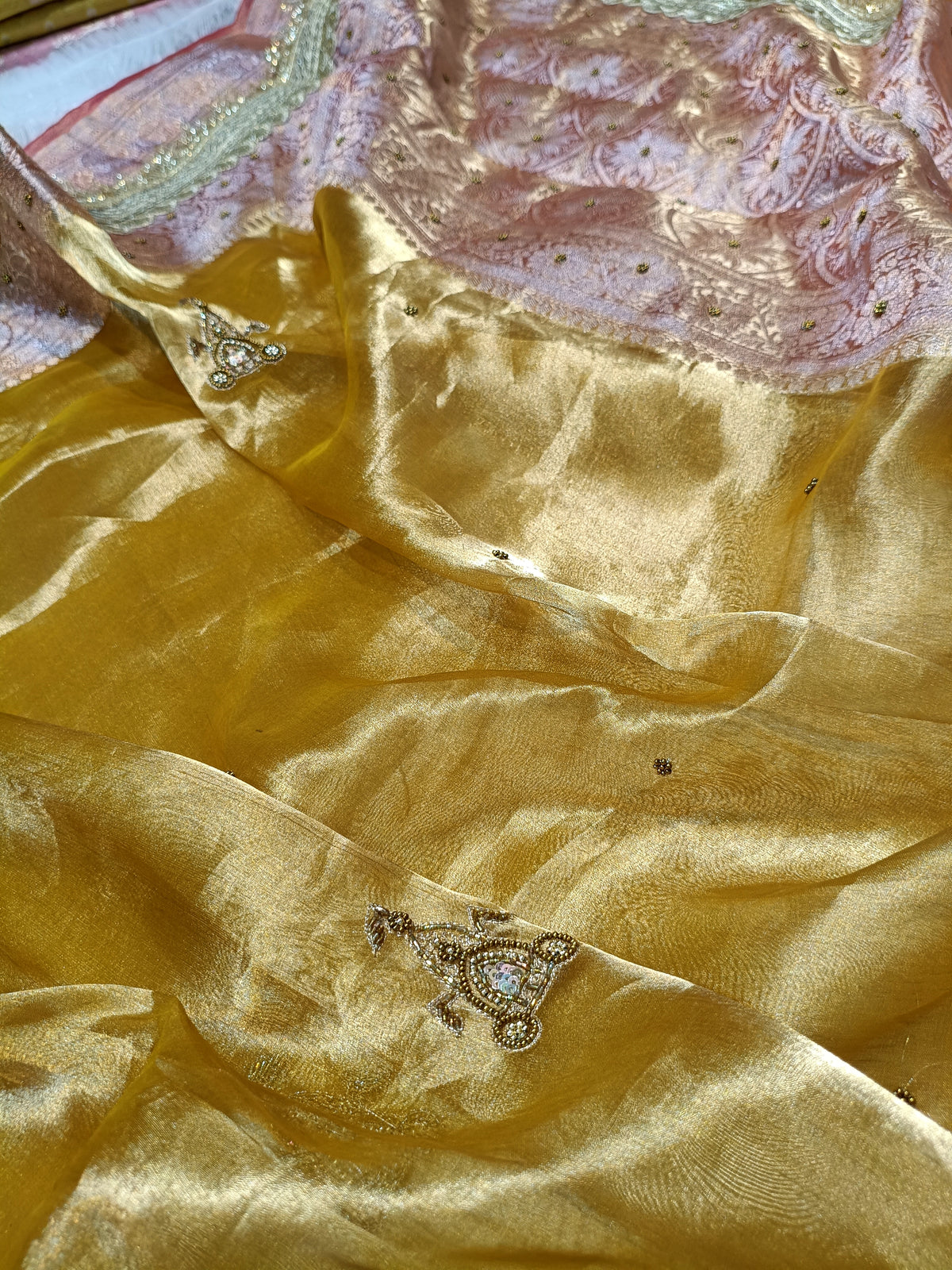 (Pre-Order)Traditional Gold Shade Handwoven Tissue Silk With Exclusive Gorgeous Handwork