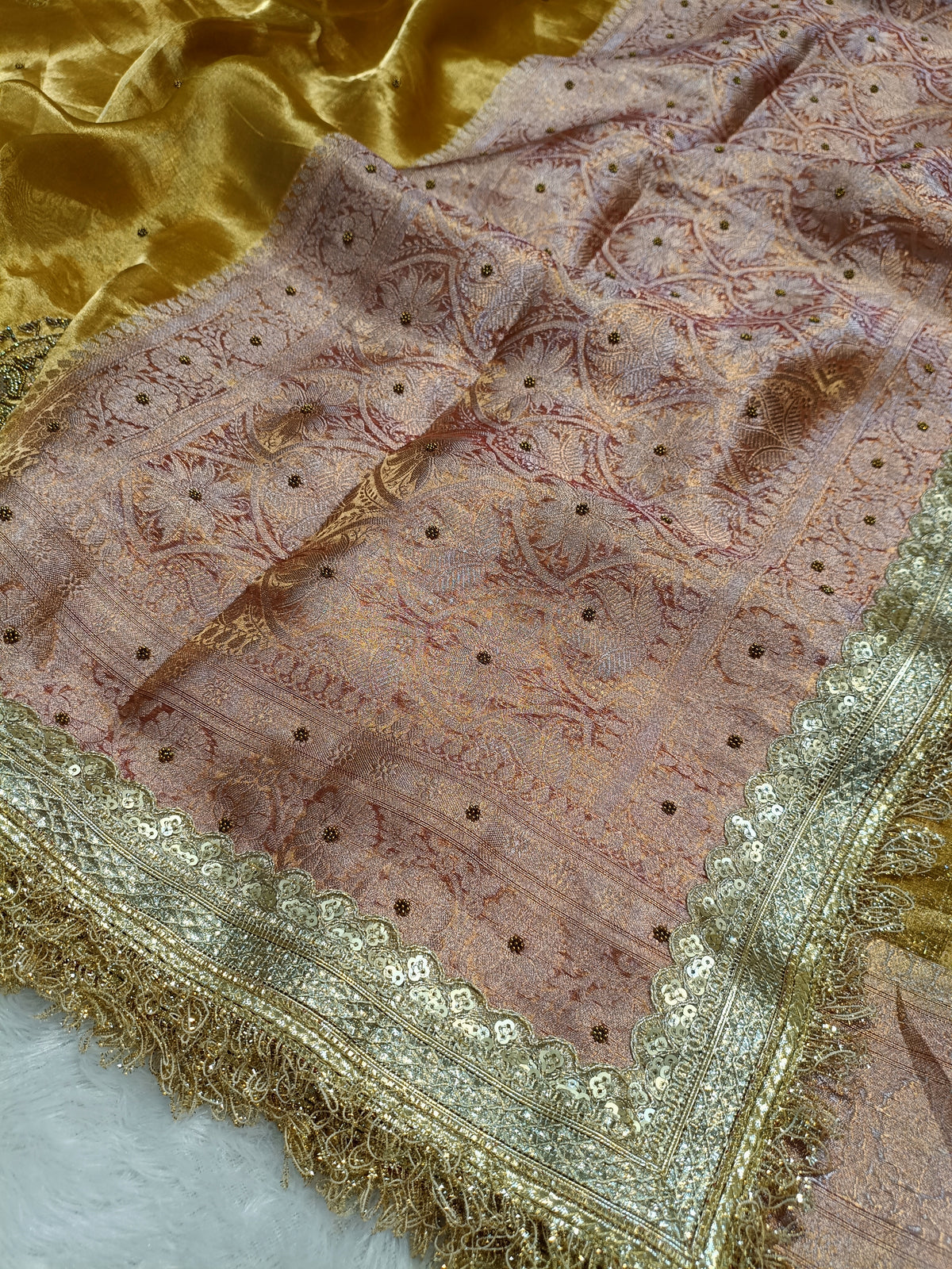 (Pre-Order)Traditional Gold Shade Handwoven Tissue Silk With Exclusive Gorgeous Handwork