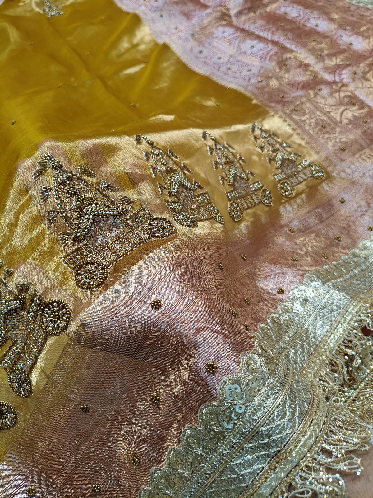 (Pre-Order)Traditional Gold Shade Handwoven Tissue Silk With Exclusive Gorgeous Handwork