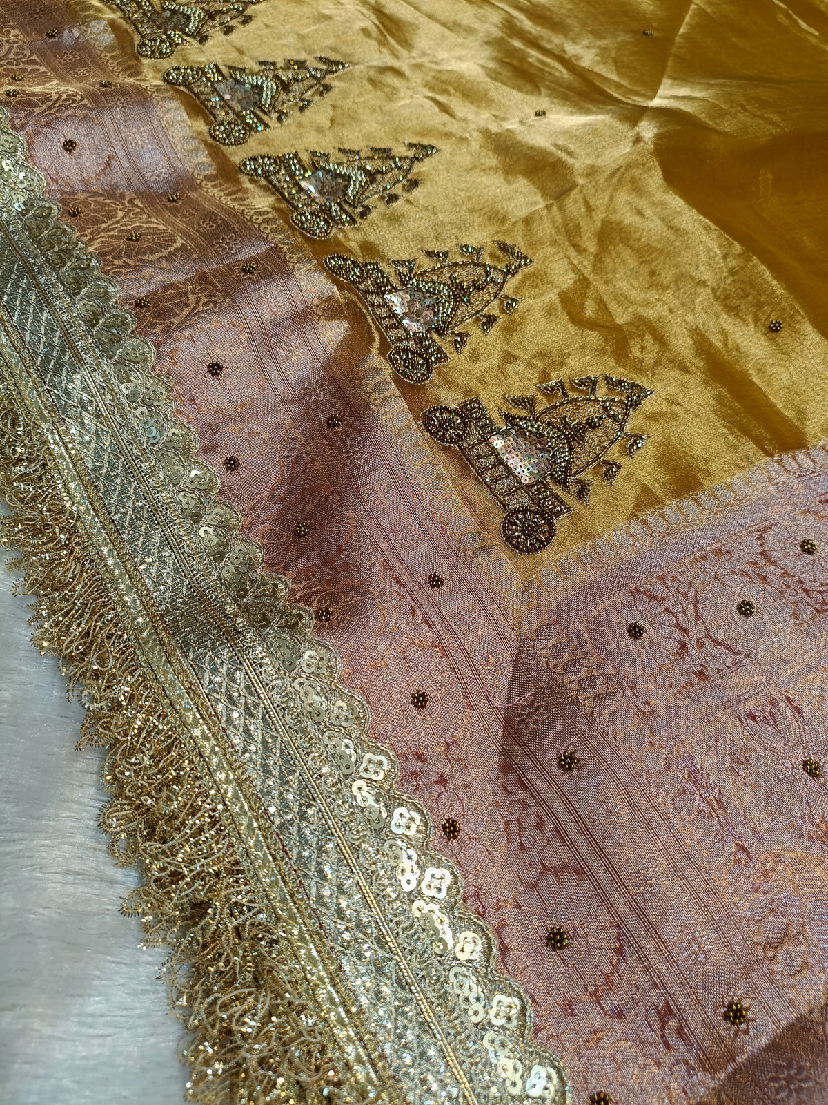 (Pre-Order)Traditional Gold Shade Handwoven Tissue Silk With Exclusive Gorgeous Handwork