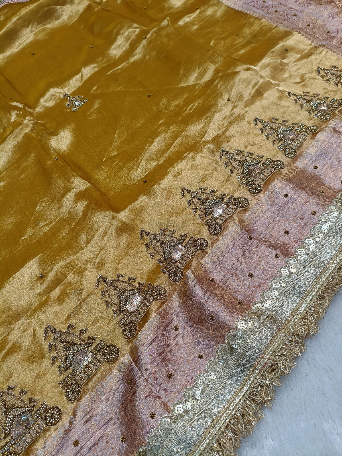 (Pre-Order)Traditional Gold Shade Handwoven Tissue Silk With Exclusive Gorgeous Handwork