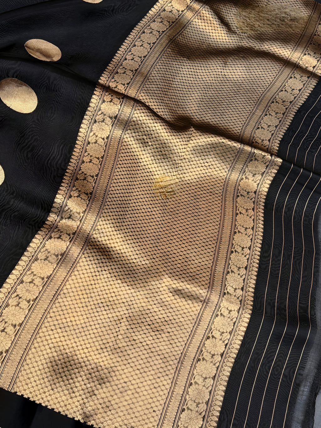 Black Shade Handwoven Water Zari Reshmi Kora Silk Saree