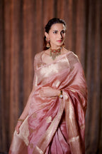 Mauve Pink Shade Handwoven Water Zari Reshmi Kora Silk Saree