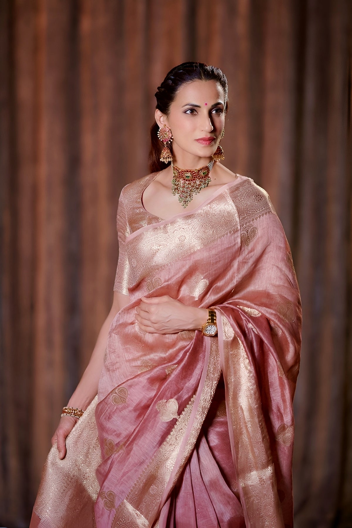 Mauve Pink Shade Handwoven Water Zari Reshmi Kora Silk Saree