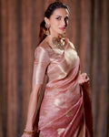 Mauve Pink Shade Handwoven Water Zari Reshmi Kora Silk Saree