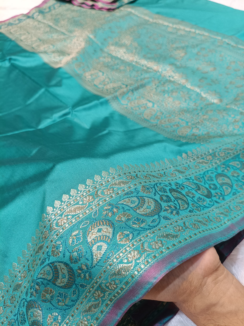 Sea Green Shade Paper Silk Pashmina Border & Anchal Banarasi