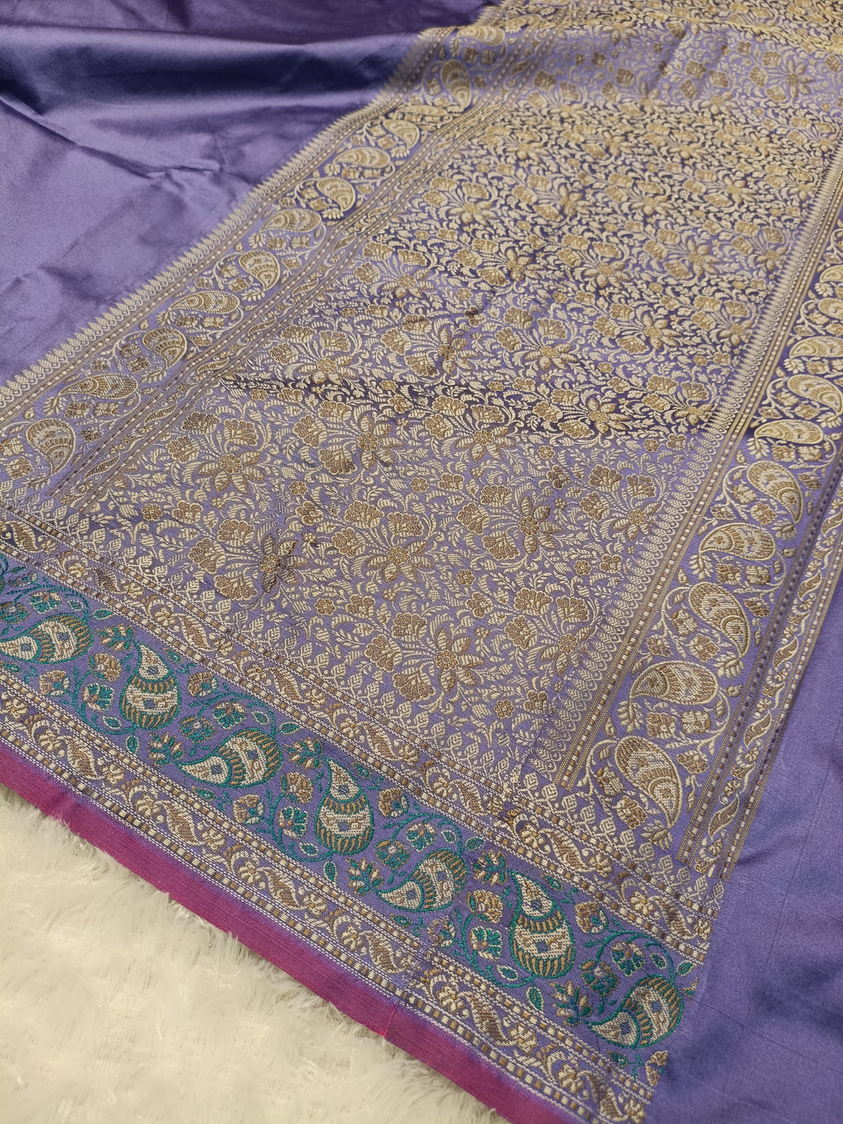 Lavender Purple Shade Paper Silk Pashmina Border & Anchal Banarasi