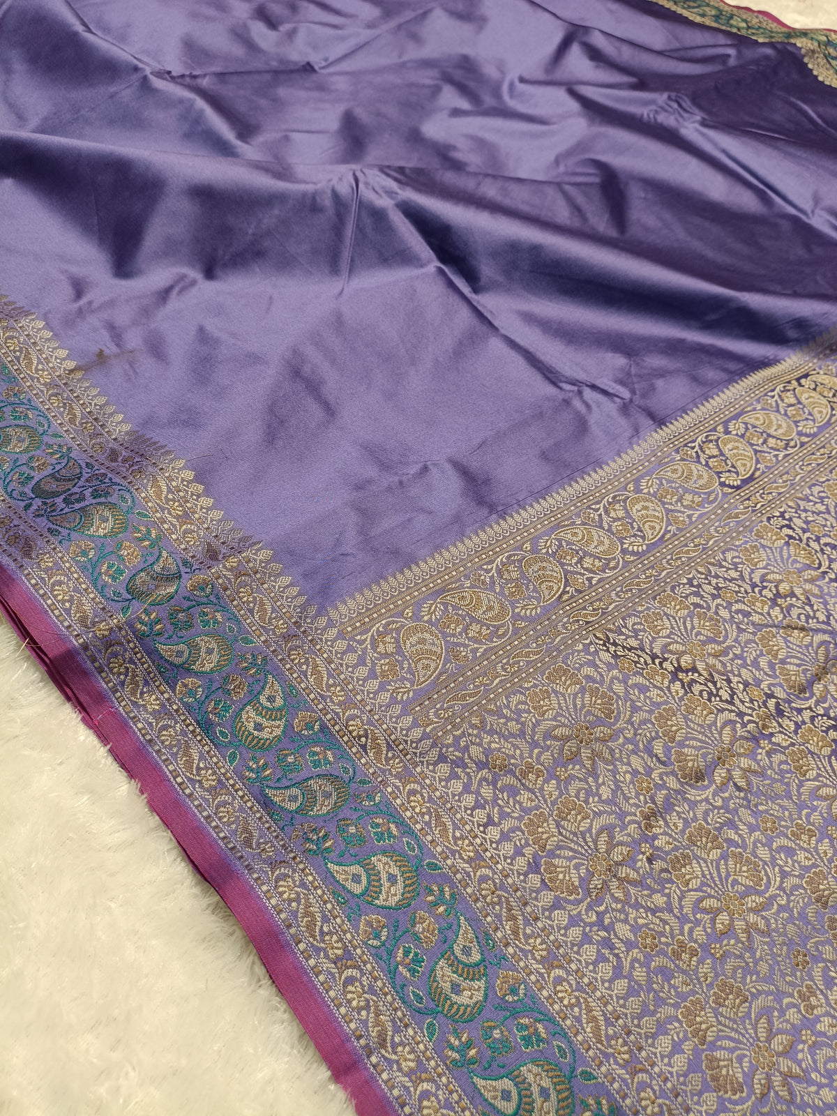 Lavender Purple Shade Paper Silk Pashmina Border & Anchal Banarasi