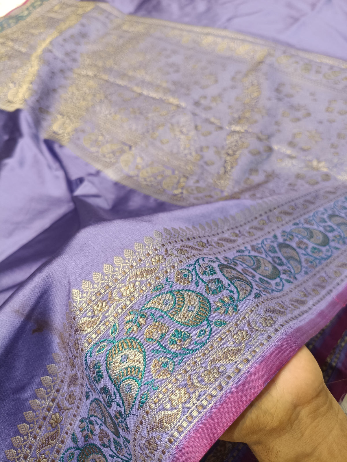 Lavender Purple Shade Paper Silk Pashmina Border & Anchal Banarasi