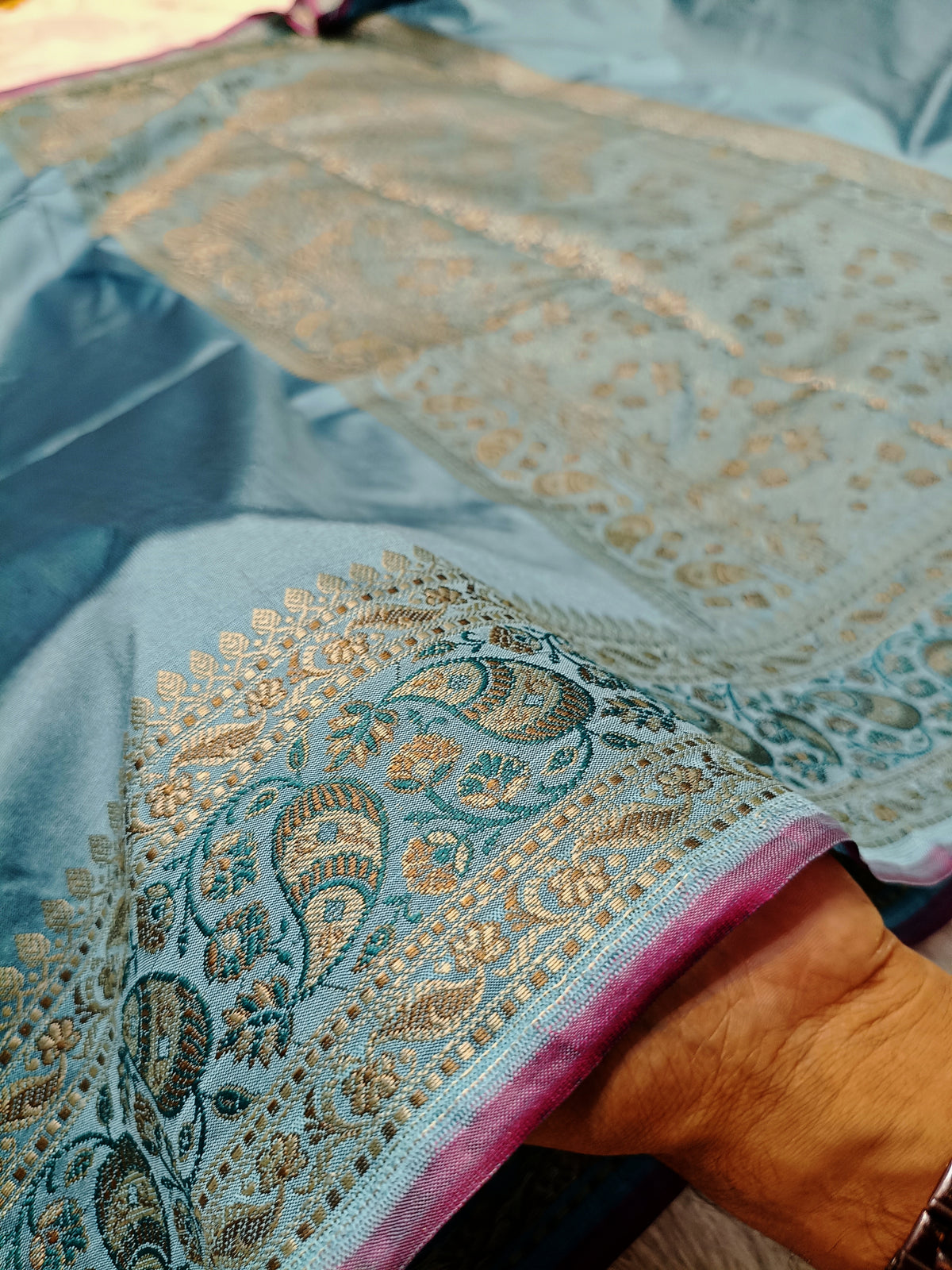 Aqua Blue Shade Paper Silk Pashmina Border & Anchal Banarasi