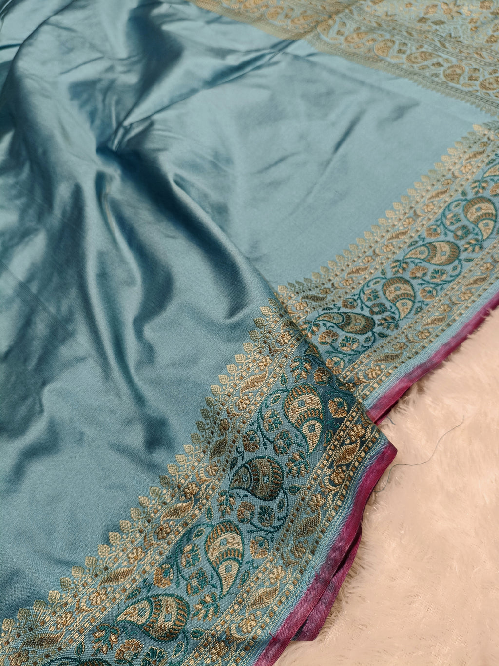 Aqua Blue Shade Paper Silk Pashmina Border & Anchal Banarasi