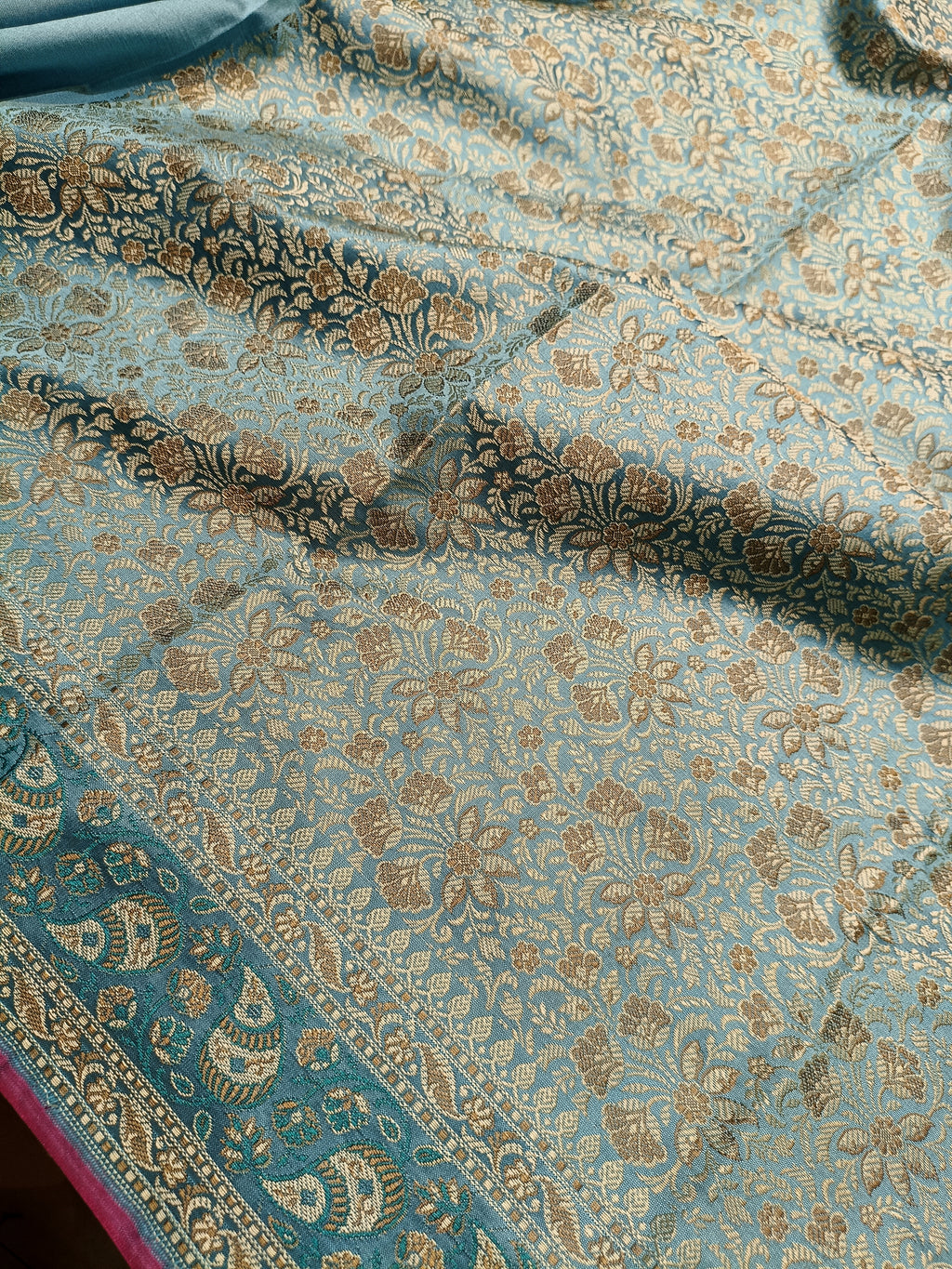 Aqua Blue Shade Paper Silk Pashmina Border & Anchal Banarasi