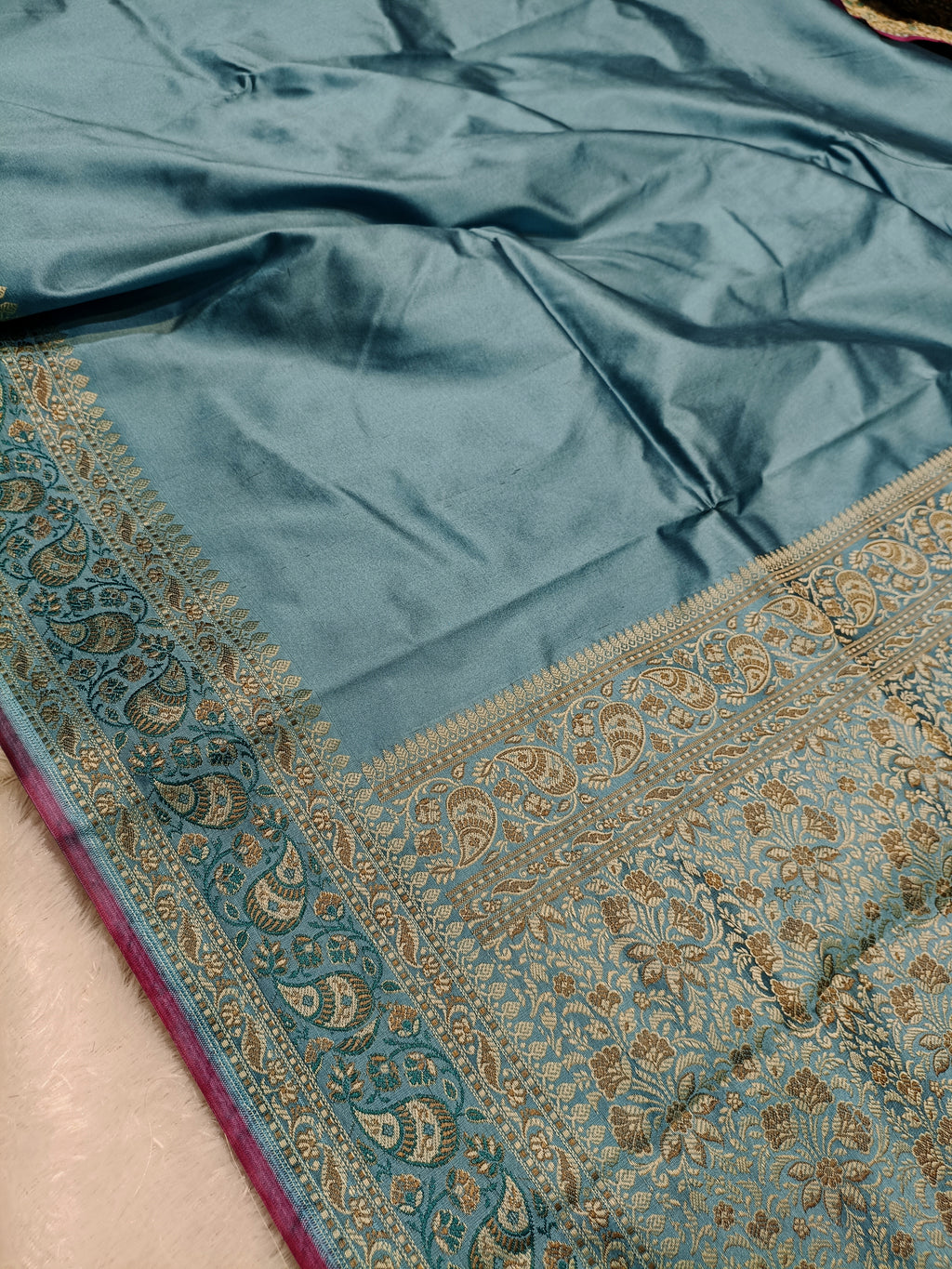 Aqua Blue Shade Paper Silk Pashmina Border & Anchal Banarasi