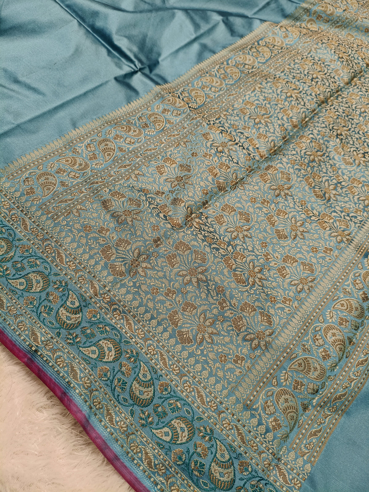 Aqua Blue Shade Paper Silk Pashmina Border & Anchal Banarasi