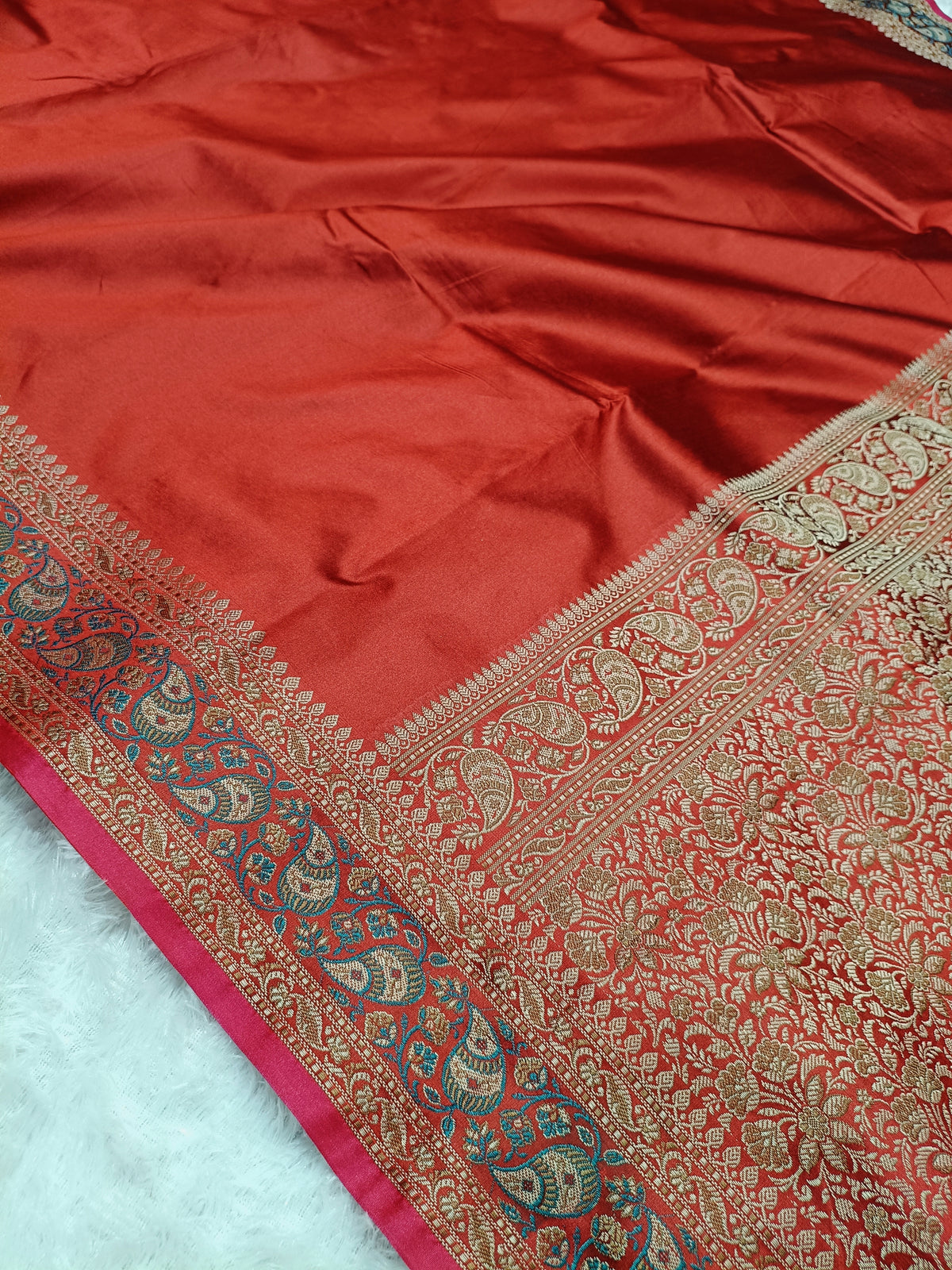 Red Shade Paper Silk Pashmina Border & Anchal Banarasi