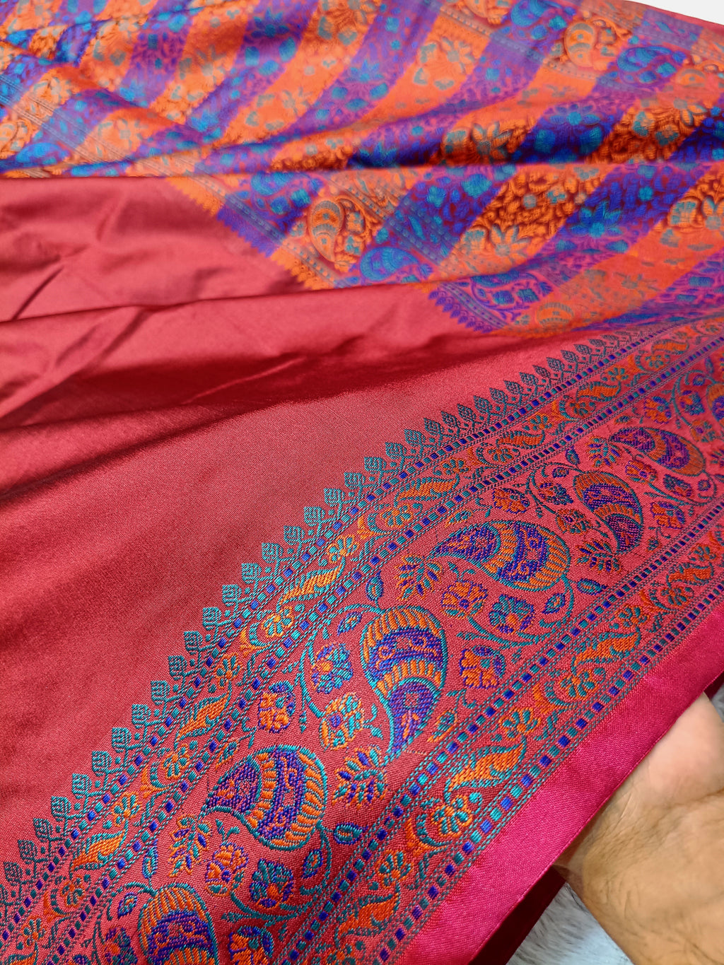 Bridal Red Shade Paper Silk Pashmina Border & Anchal Banarasi