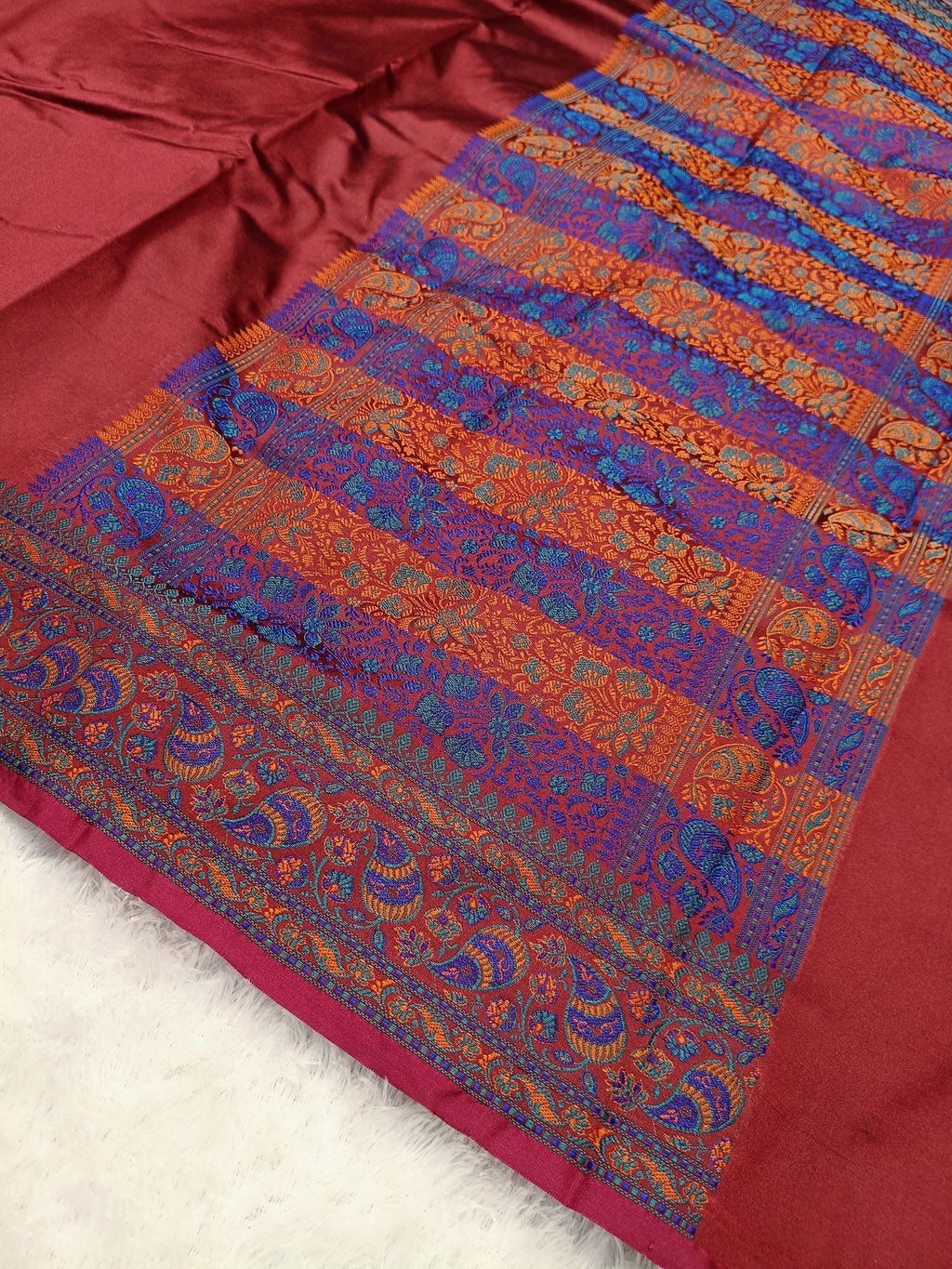 Bridal Red Shade Paper Silk Pashmina Border & Anchal Banarasi