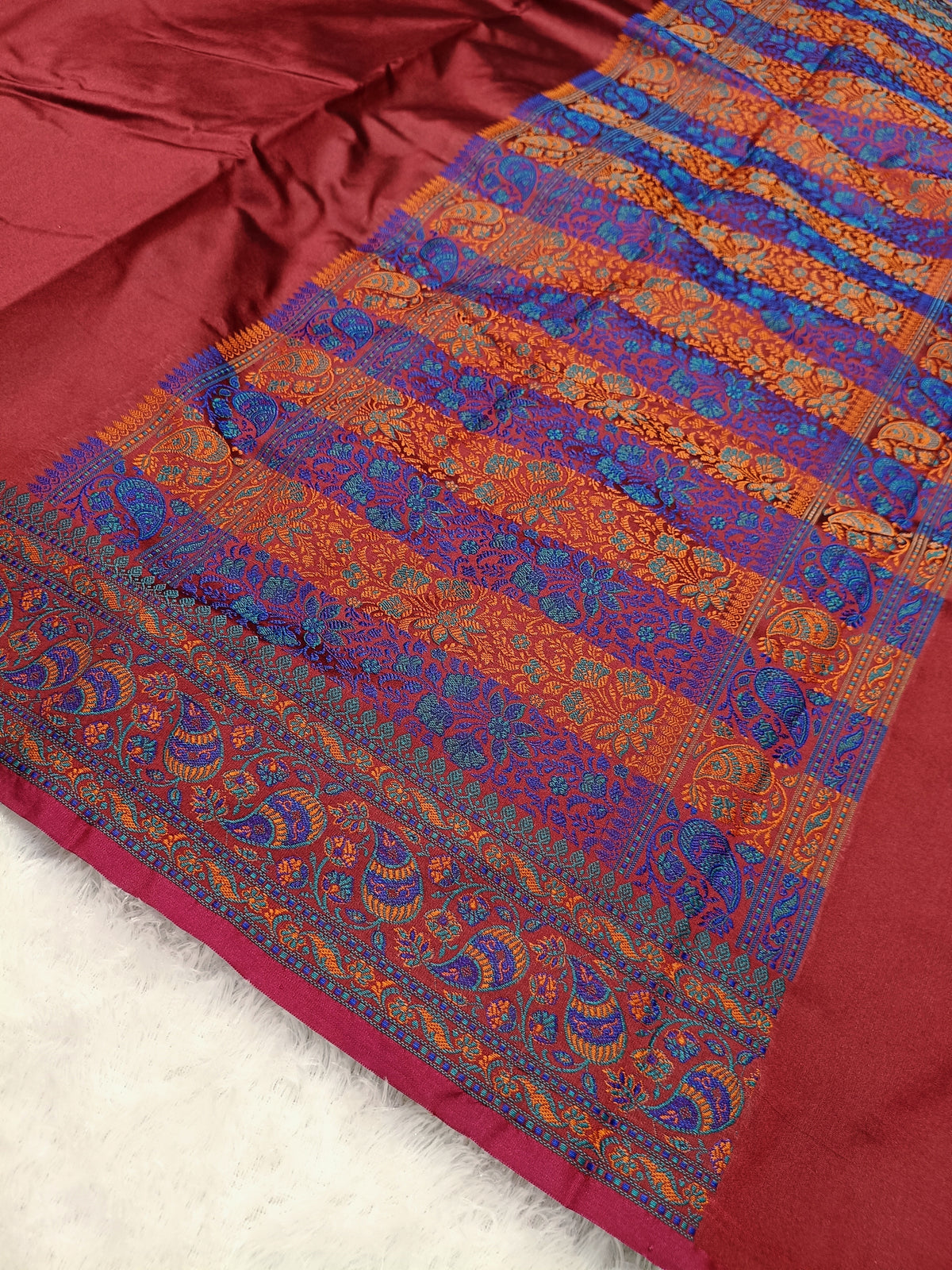 Bridal Red Shade Paper Silk Pashmina Border & Anchal Banarasi