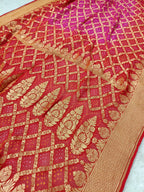 Bridal Red with Rani Shade Handwoven Khaddi Chiffon Rai Dana Bandhani Saree
