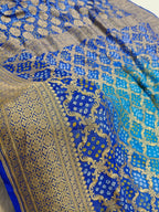 Dual Shade Royal Blue Handwoven Khaddi Chiffon Rai Dana Bandhani Saree