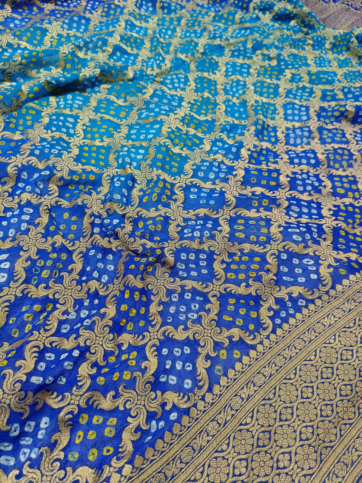 Dual Shade Royal Blue Handwoven Khaddi Chiffon Rai Dana Bandhani Saree