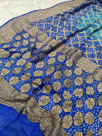 Dual Shade Royal Blue Handwoven Khaddi Chiffon Rai Dana Bandhani Saree