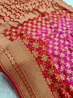 Red with Rani Pink Shade Handwoven Khaddi Chiffon Rai Dana Bandhani Saree