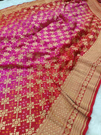 Red with Rani Pink Shade Handwoven Khaddi Chiffon Rai Dana Bandhani Saree