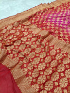 Red with Rani Pink Shade Handwoven Khaddi Chiffon Rai Dana Bandhani Saree