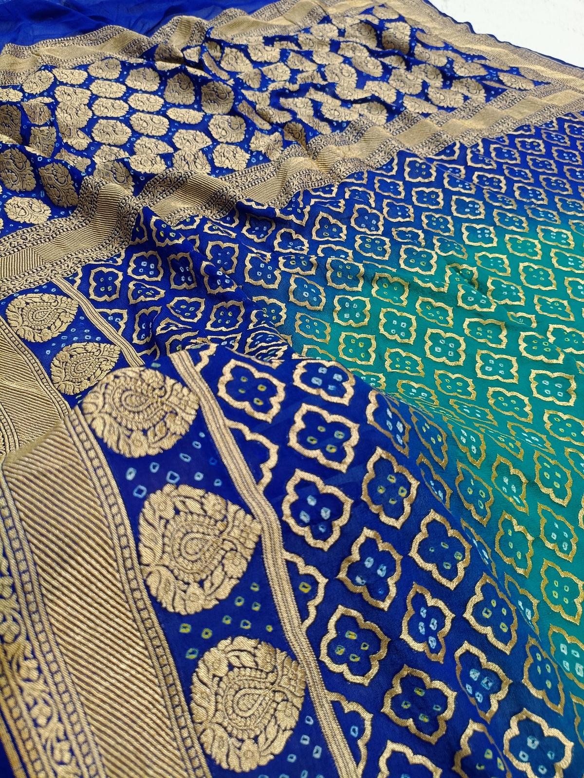 Dual Shade Royal Blue Handwoven Khaddi Chiffon Rai Dana Bandhani