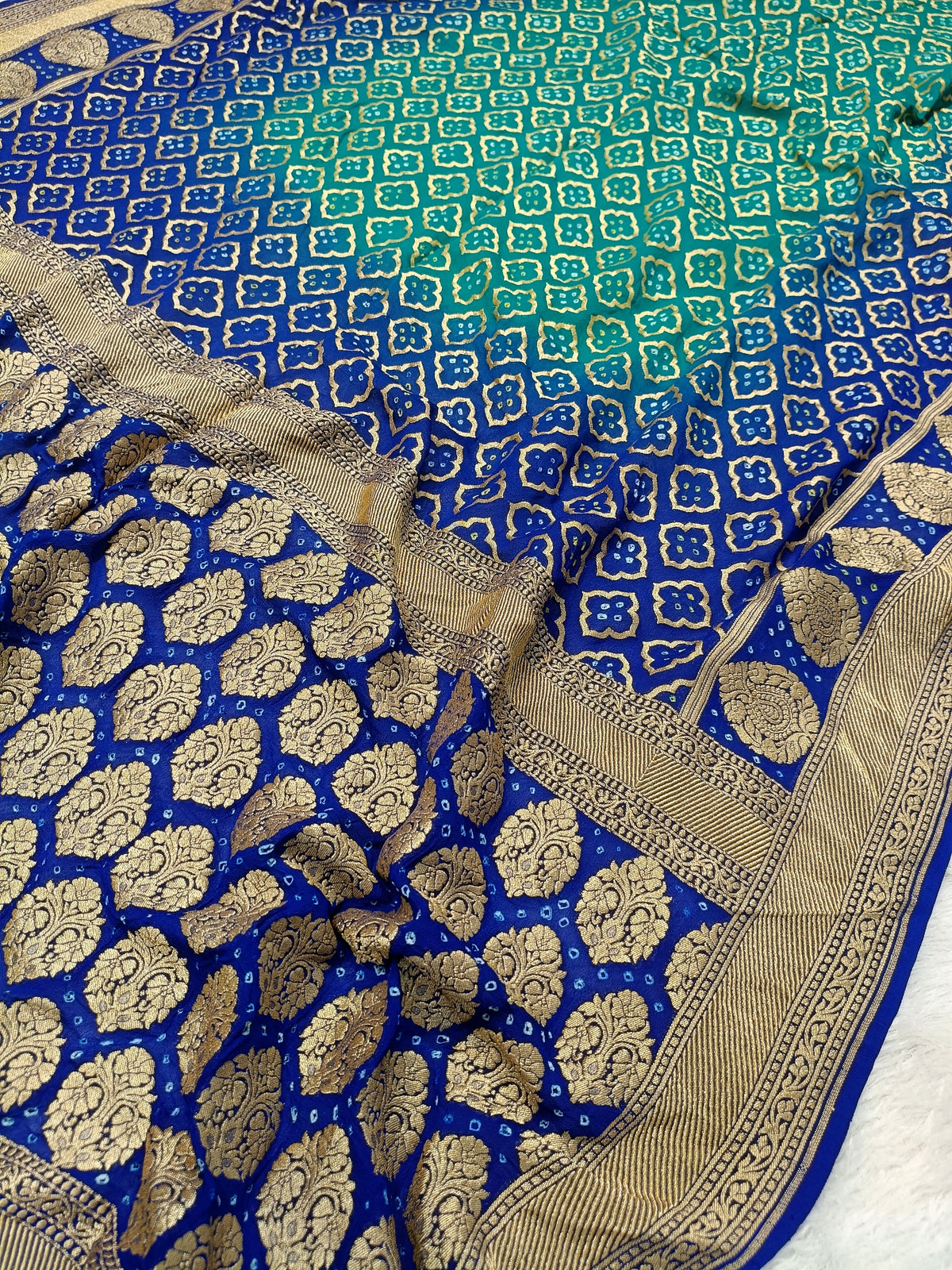 Dual Shade Royal Blue Handwoven Khaddi Chiffon Rai Dana Bandhani