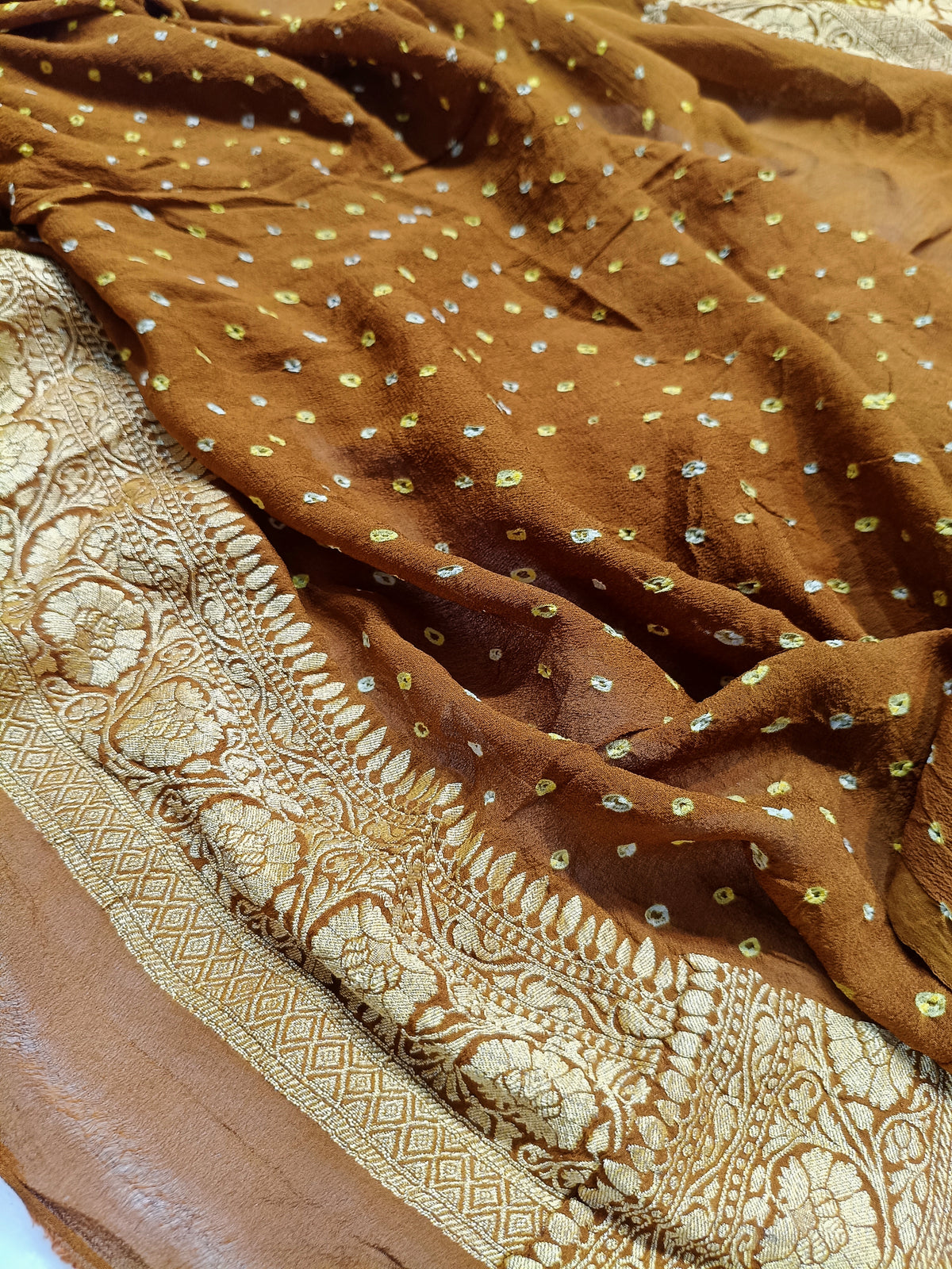 Antique Brown Shade Handwoven Khaddi Chiffon Rai Dana Bandhani
