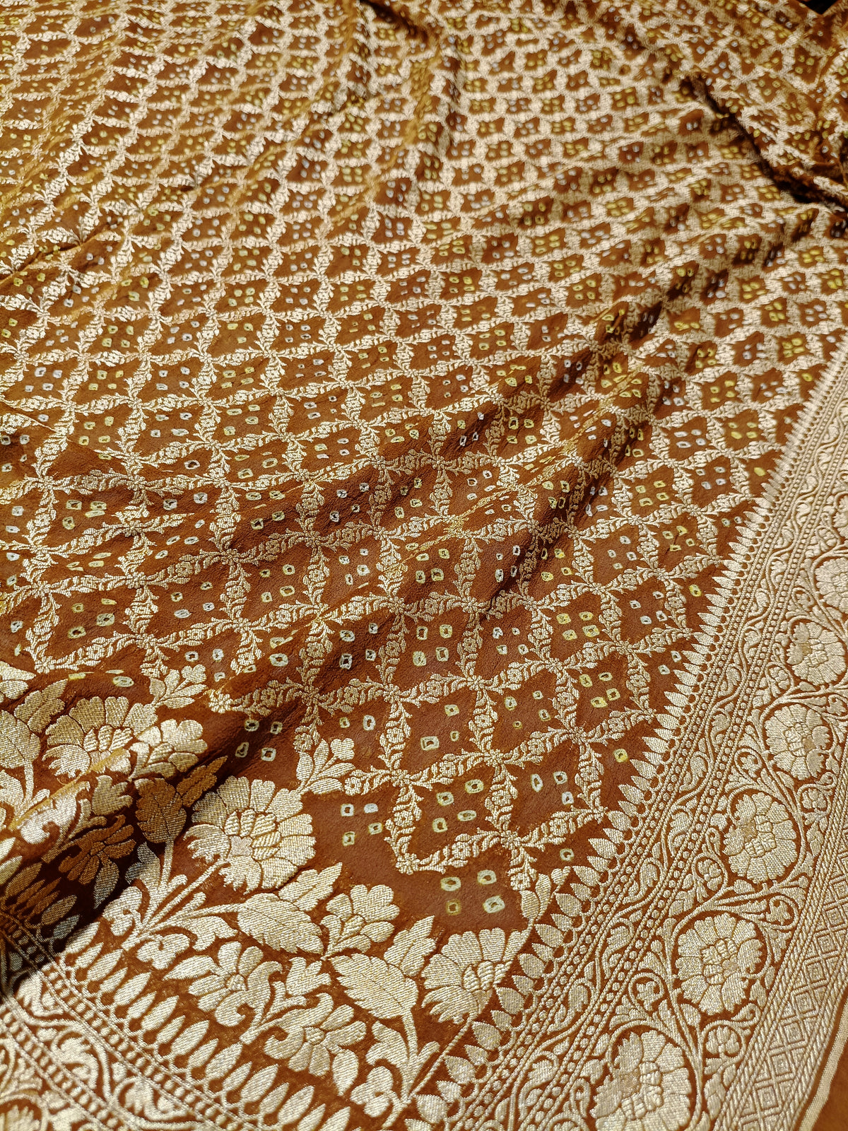 Antique Brown Shade Handwoven Khaddi Chiffon Rai Dana Bandhani