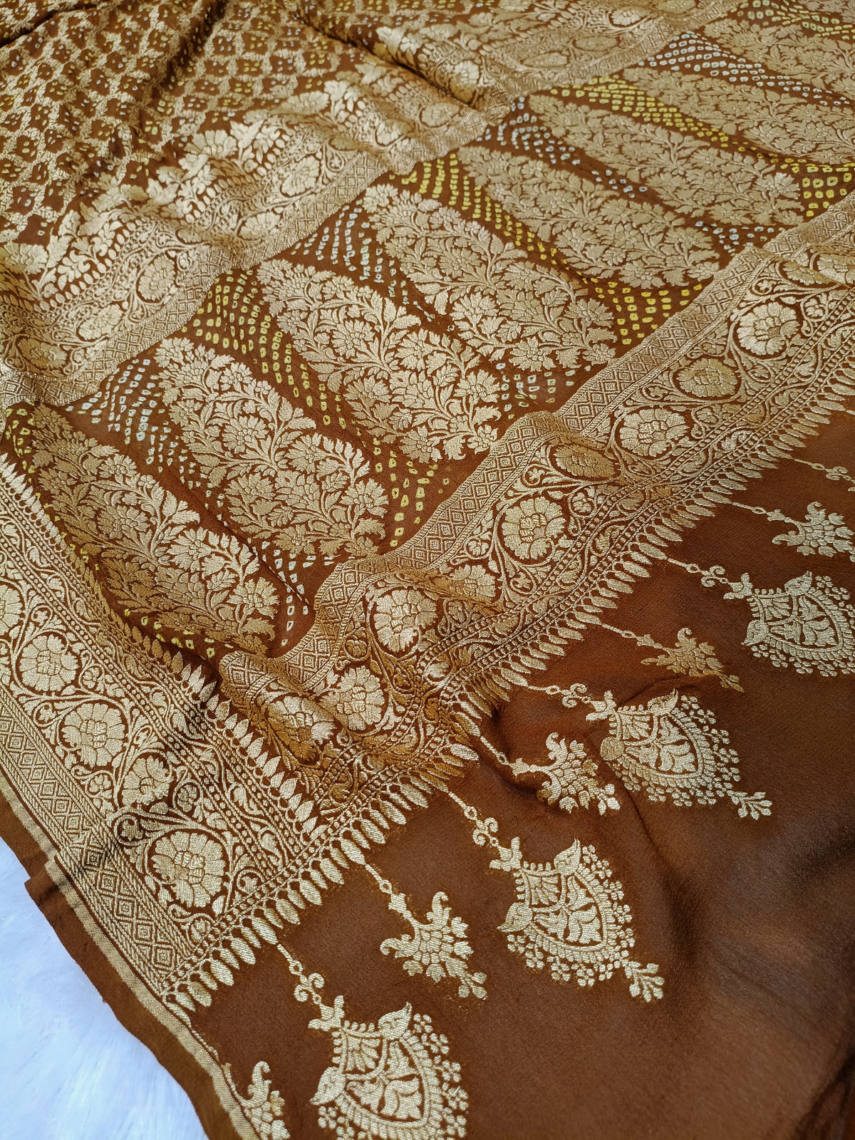 Antique Brown Shade Handwoven Khaddi Chiffon Rai Dana Bandhani