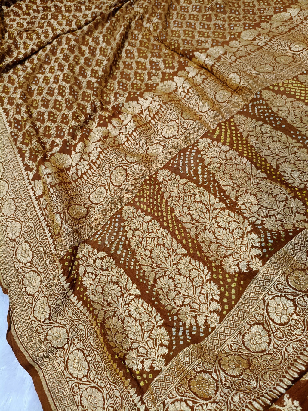 Antique Brown Shade Handwoven Khaddi Chiffon Rai Dana Bandhani