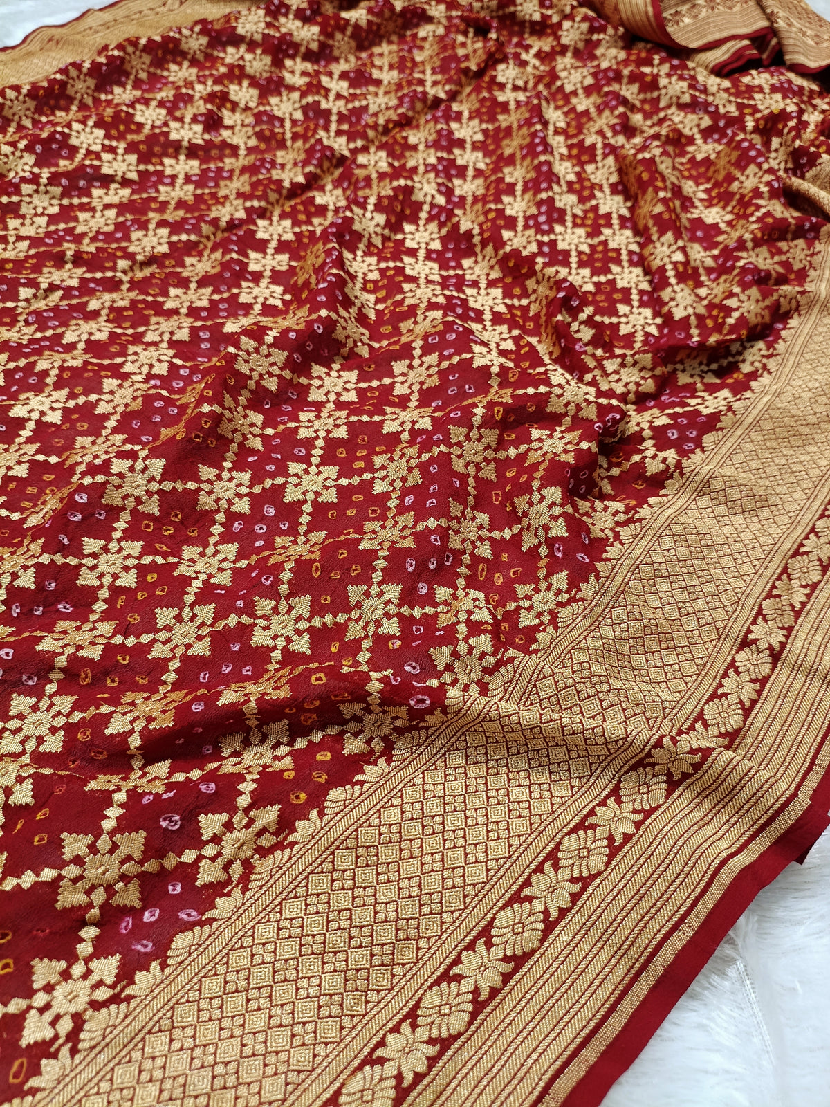 Bridal Red Shade Handwoven Khaddi Chiffon Rai Dana Bandhani Saree