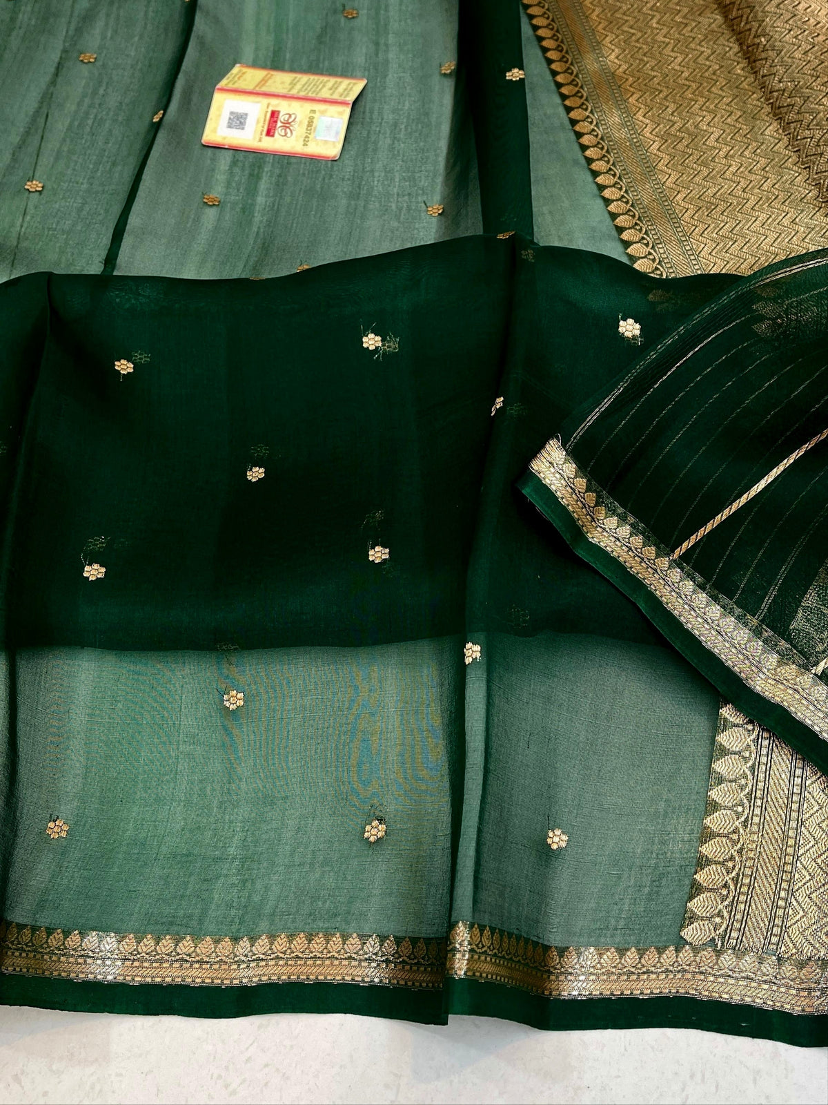 Forest Green Shade Handwoven Water Zari Reshmi Kora Silk Saree