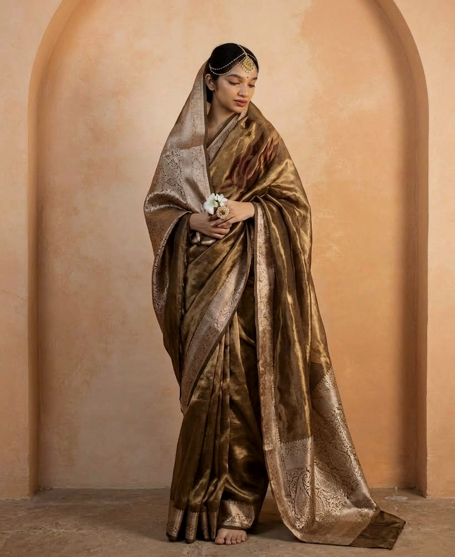 Antique Brown Shade Reshmi Tissue Silk Banarasi
