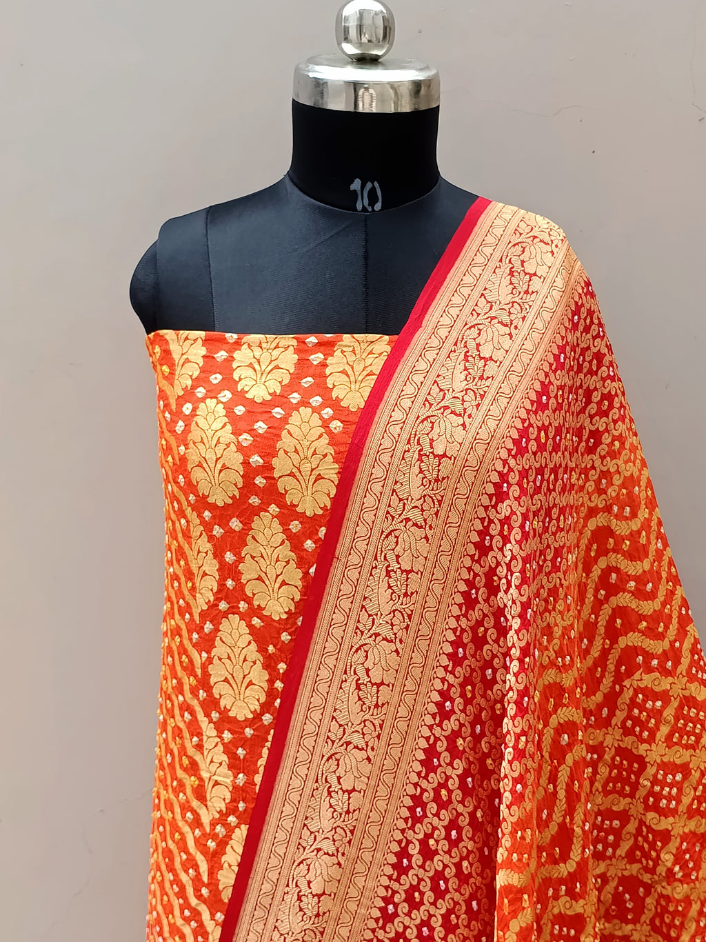 Sunburn Orange with Red Shade Handwoven Khaddi Chiffon Rai Dana Bandhani Suit Set