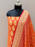 Sunburn Orange with Red Shade Handwoven Khaddi Chiffon Rai Dana Bandhani Suit Set