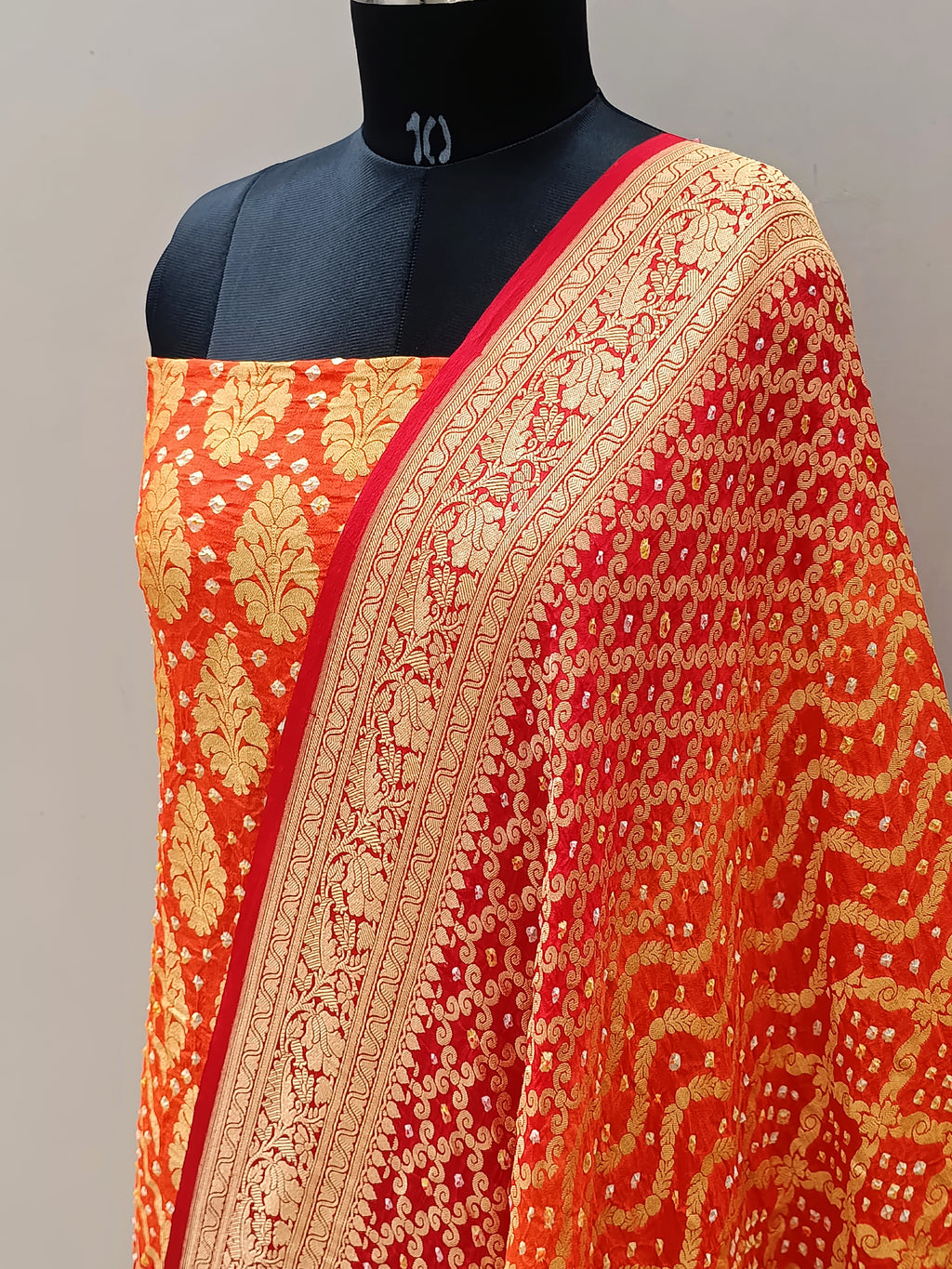 Sunburn Orange with Red Shade Handwoven Khaddi Chiffon Rai Dana Bandhani Suit Set