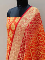 Sunburn Orange with Red Shade Handwoven Khaddi Chiffon Rai Dana Bandhani Suit Set