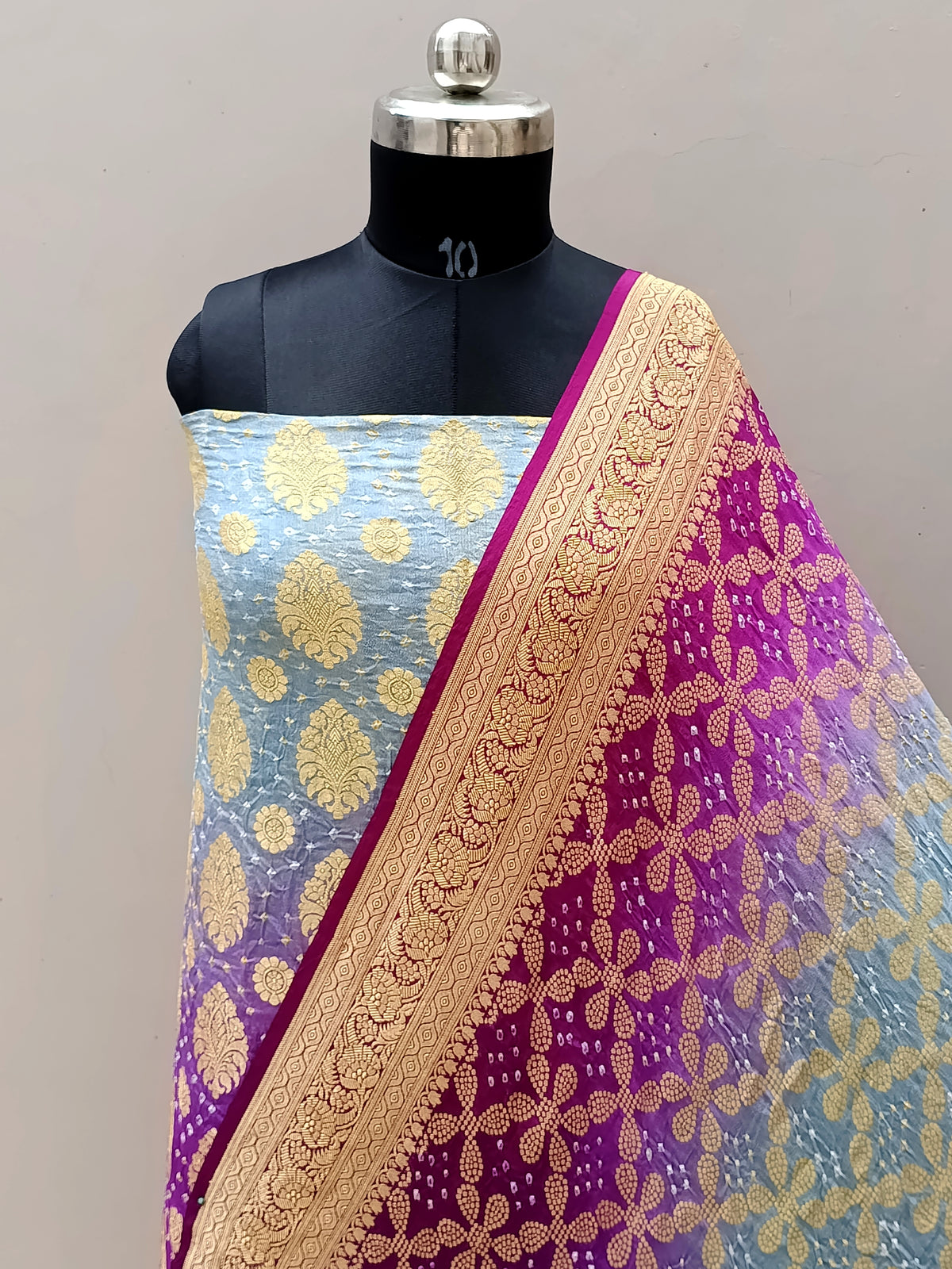Light Grey With Purple Shade Handwoven Khaddi Chiffon Rai Dana Bandhani Suit Set